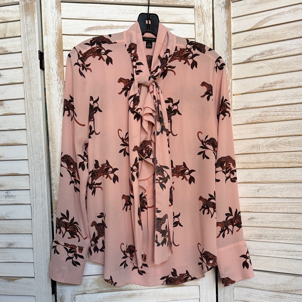 Ann Taylor Pink Leopard Ruffle Tie Blouse